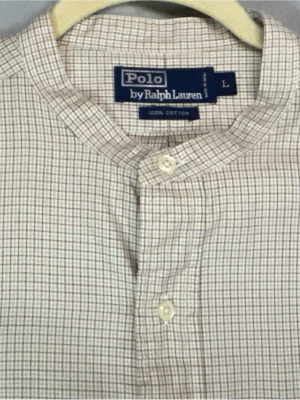 Polo Ralph Lauren Mens L White Beige Micro Check Band Collar Shirt OVERSIZED